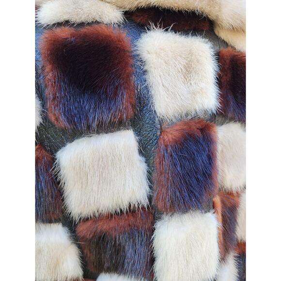 Rare Vtg Brown Cream Black Rabbit Mink Fur Checkered Belt Festive Winter Coat - Picture 6 of 9